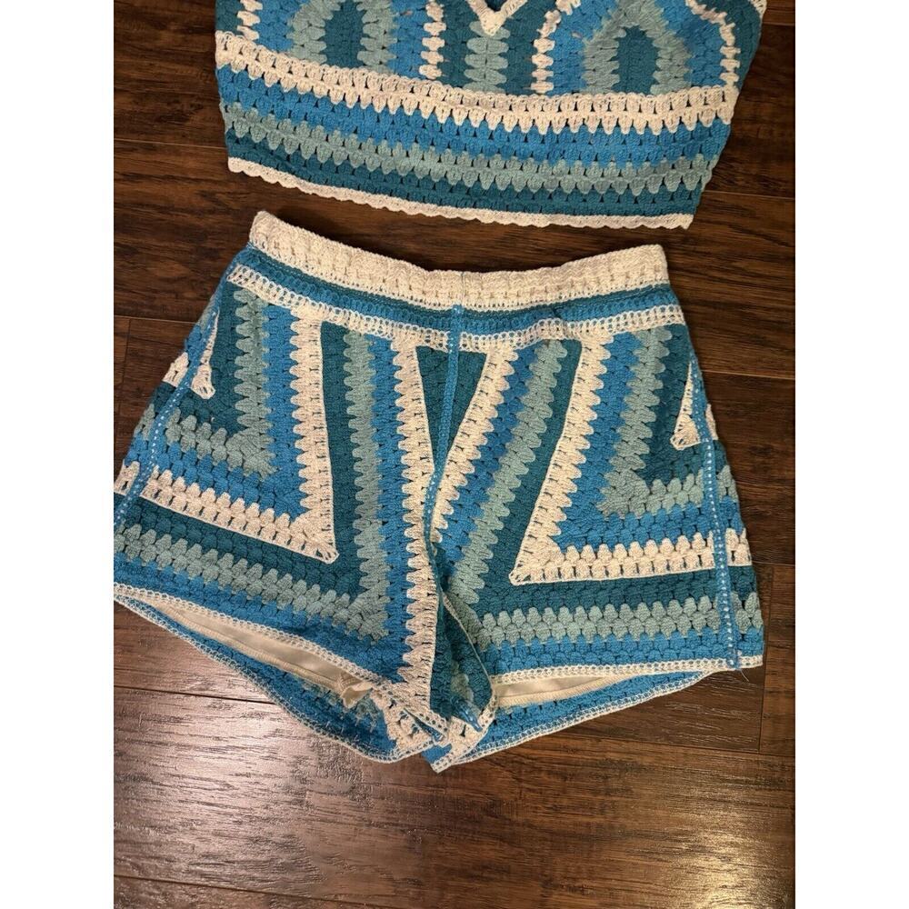Rebellion Again Crochet Knit Cropped Tank And Shorts Outfit Boho Hippie Size S - Picture 2 of 7